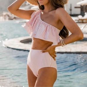 Pink Lily One-Shoulder Striped Bikini - Pink and White